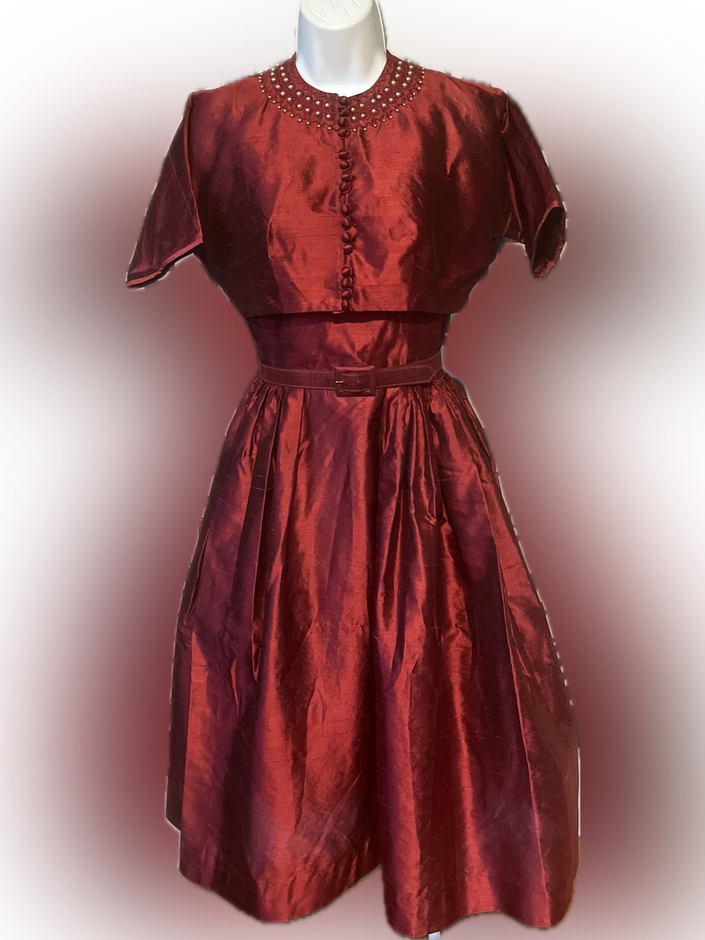 Vintage 1950s Taffeta Iridescent Burgundy Dress with Matching Belt and Bolero